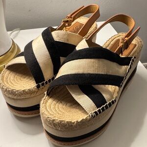Tory Burch Black and Cream Espadrille Sandals